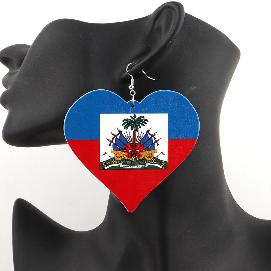 Printing 6cm Haiti Flag Heart Wooden earrings