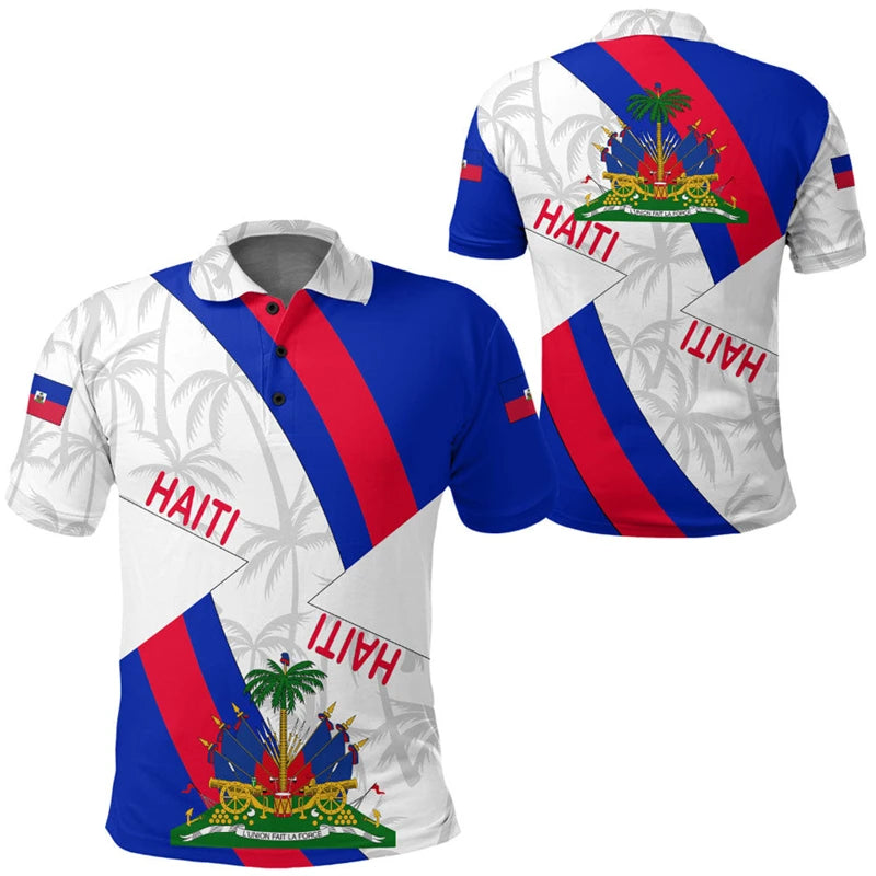 Haiti Flag Polo Shirts For Men Women Summer 3d Print Haitian Map Emblem Tops Casual Street Trendy Wear Oversized Button Polo
