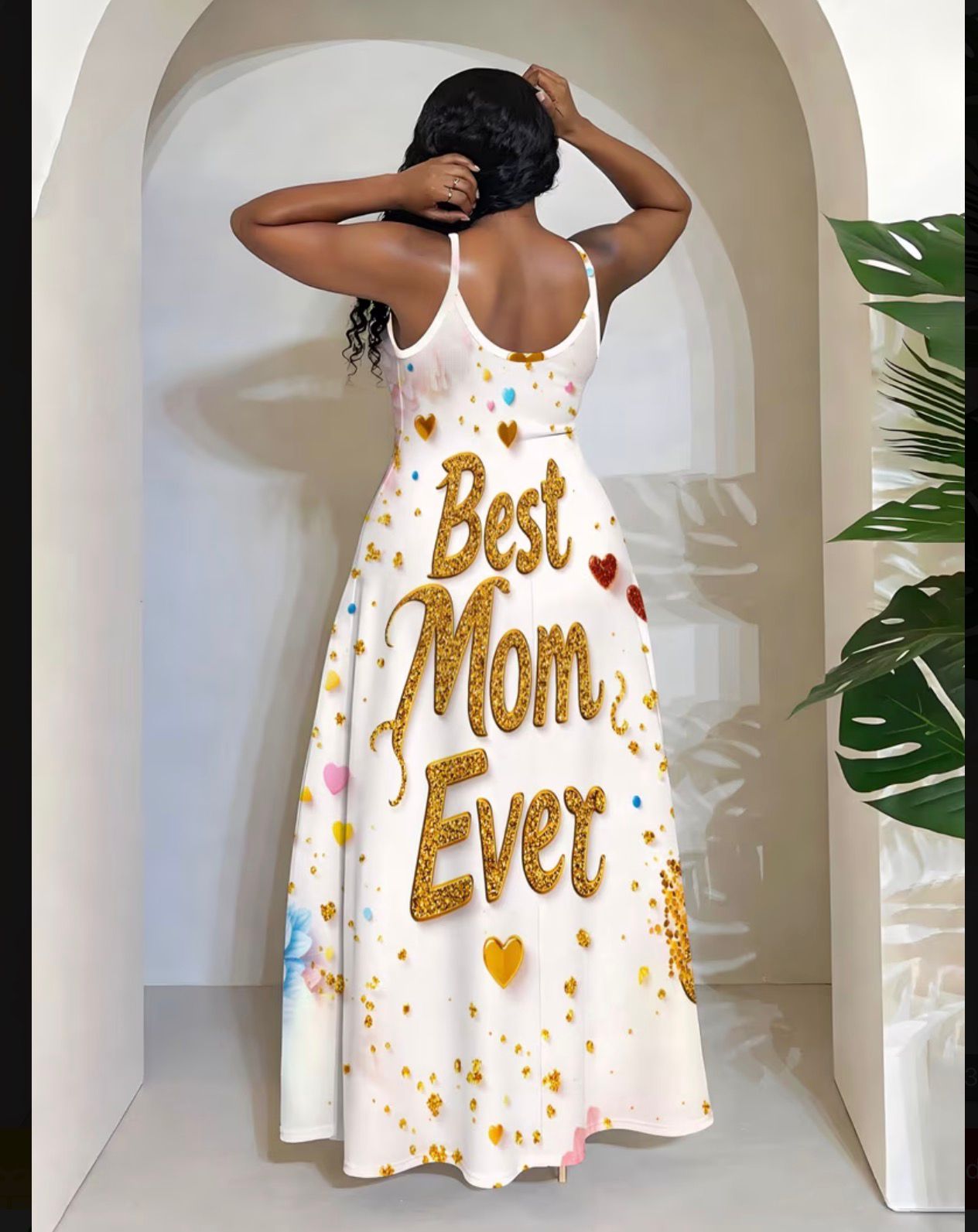 Happy Mother’s Day “Best Mom Ever” Glitter Heart Dress – V-Neck Sleeveless A-Line Suspender Maxi Dress