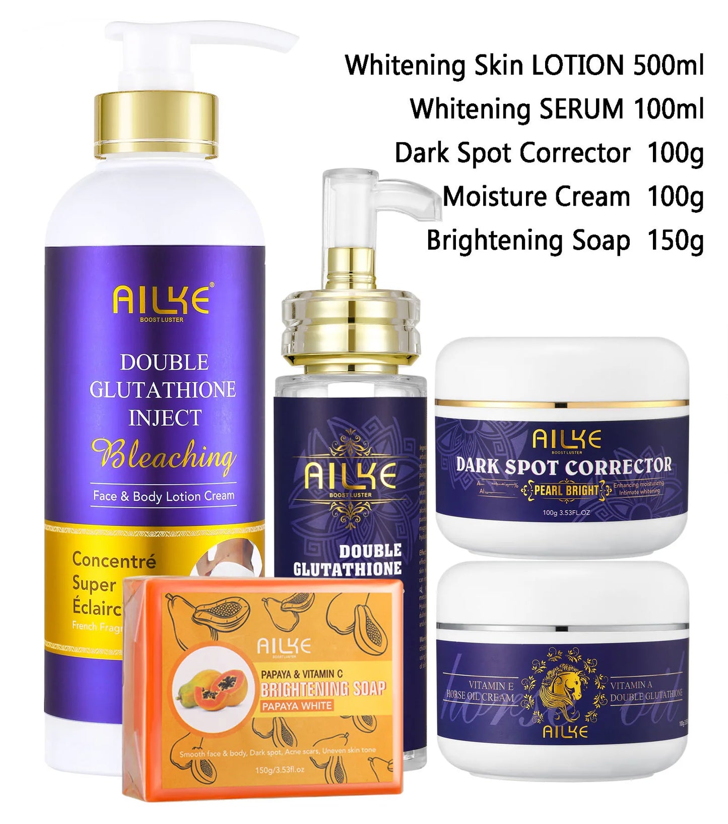 AILKE Skin Care Range Double-Glutathione, Whitening Serum, Dark Spot Face Cream, Glowing Soap, Women Lightening Beauty Cosmetics