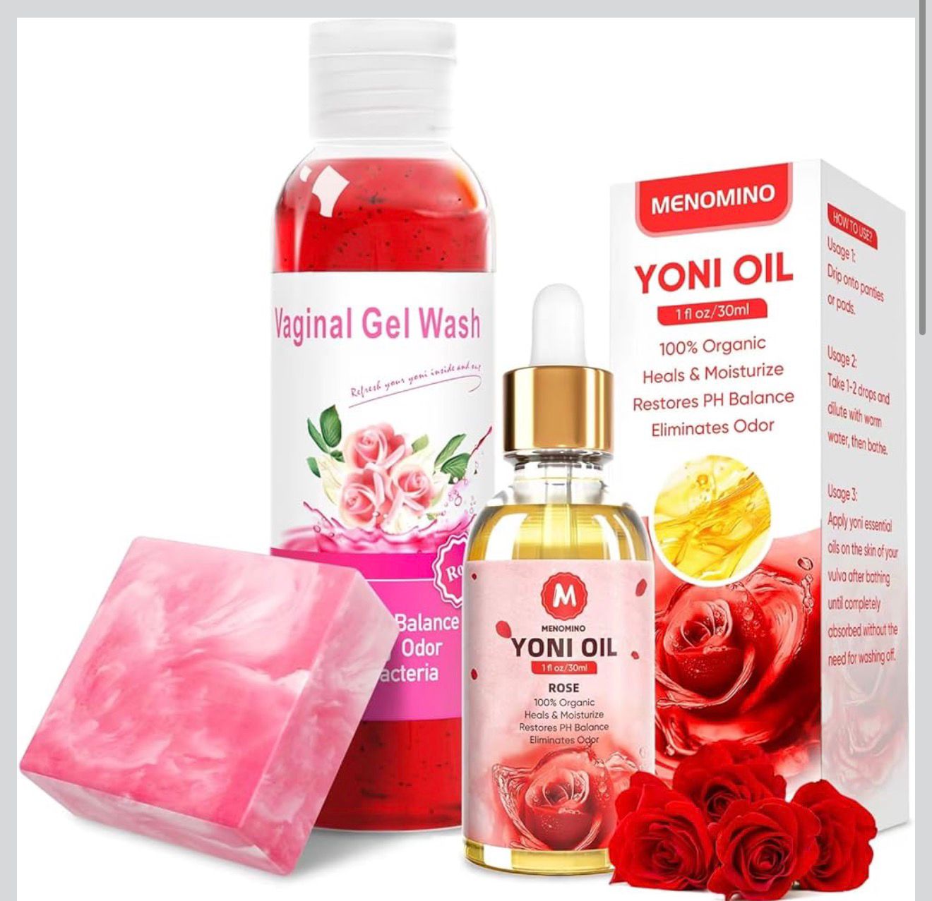3-in-1 Feminine Care Set – pH Balance Yoni Wash, Yoni Soap Bar & Yoni Oil (Rose Scent) | Odor Control & Daily Intimate Care