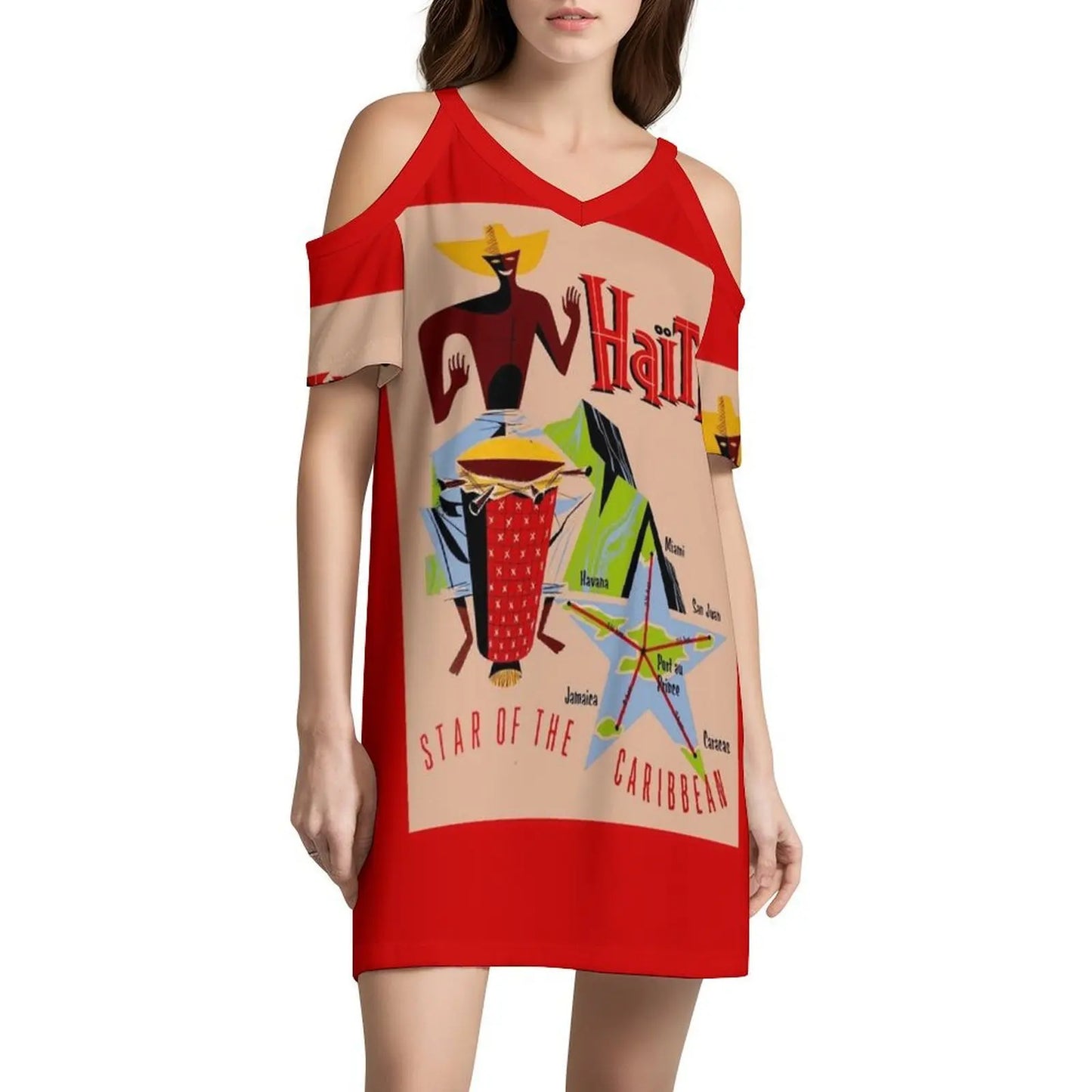 Haiti : Vintage Star Of The Caribbean Rare Advertising Bohemian Sleeveless Dress For Women Print Beach Party Dresses Haiti Star