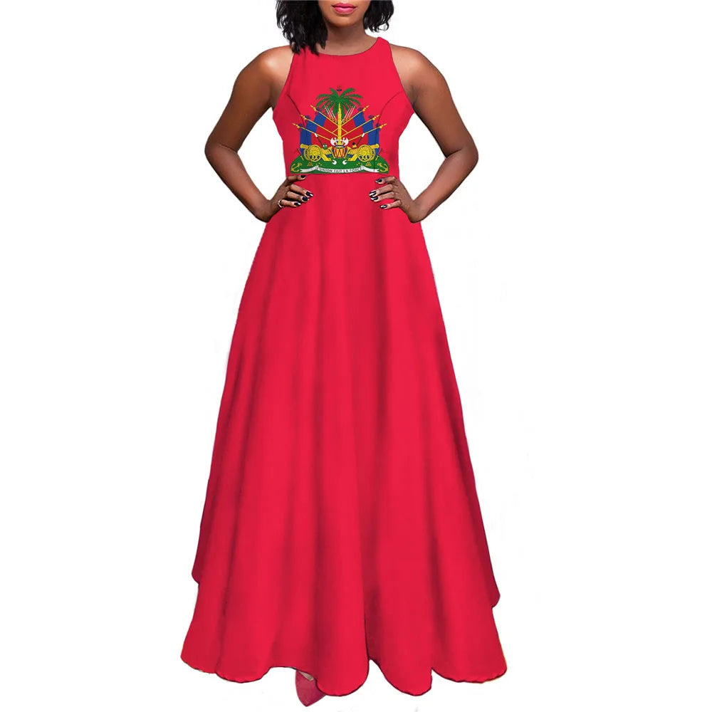 Women Maxi Long Dress Haiti Flag Print Summer Sleeveless Sundress Sexy Girl Party High Waist Ankle Length Woman Dresses Vestidos