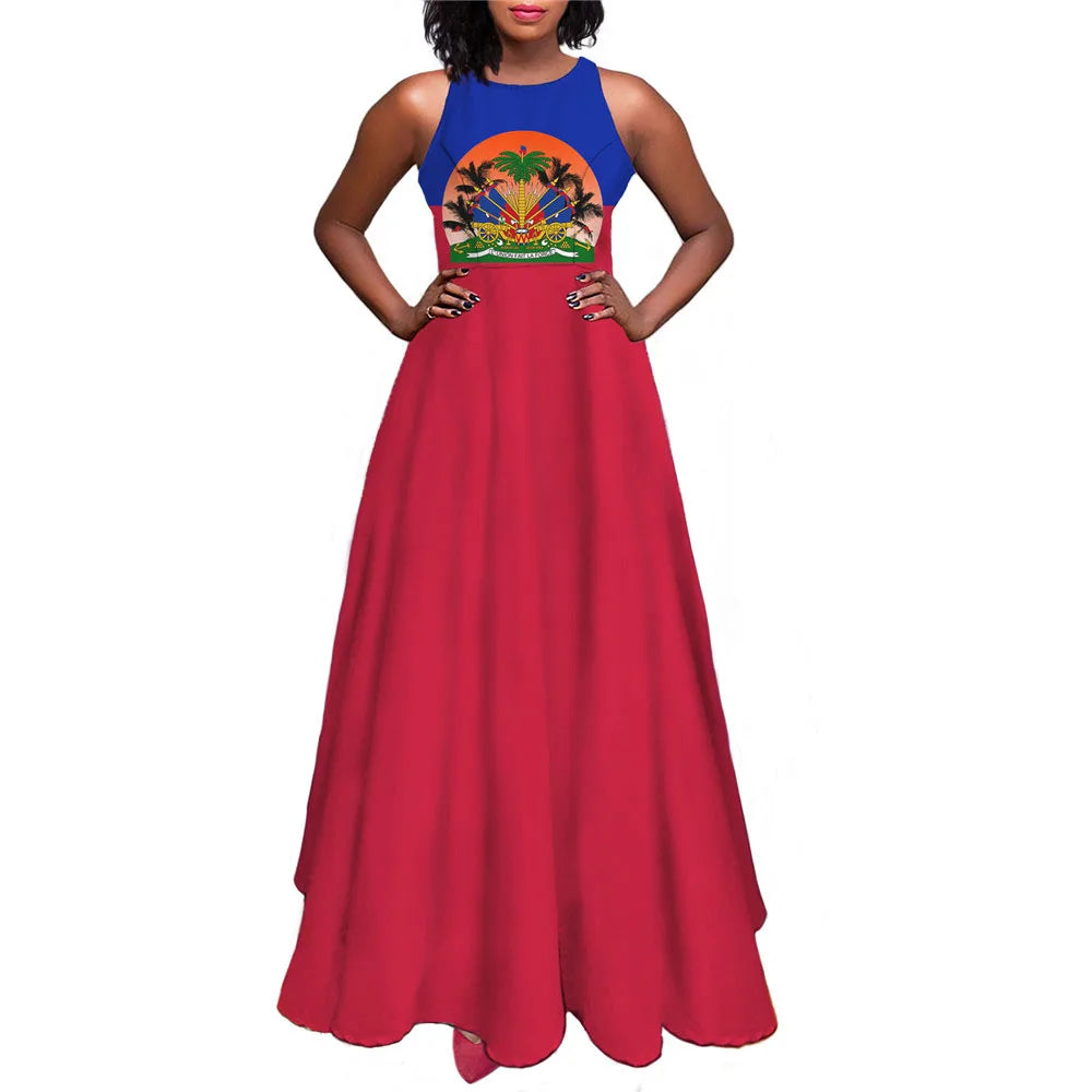 Women Maxi Long Dress Haiti Flag Print Summer Sleeveless Sundress Sexy Girl Party High Waist Ankle Length Woman Dresses Vestidos