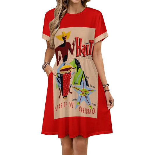 Haiti : Vintage Star Of The Caribbean Rare Advertising Bohemian Sleeveless Dress For Women Print Beach Party Dresses Haiti Star
