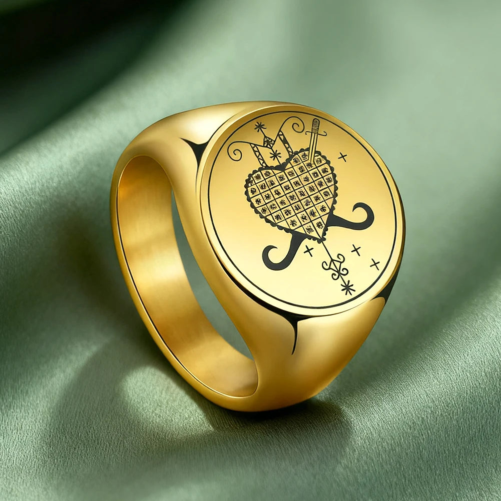Dawapara Erzulie Dantor Veve Ring Voodoo Symbol Haitian Vodou Motherhood Protection Talisman Stainless Steel Jewelry