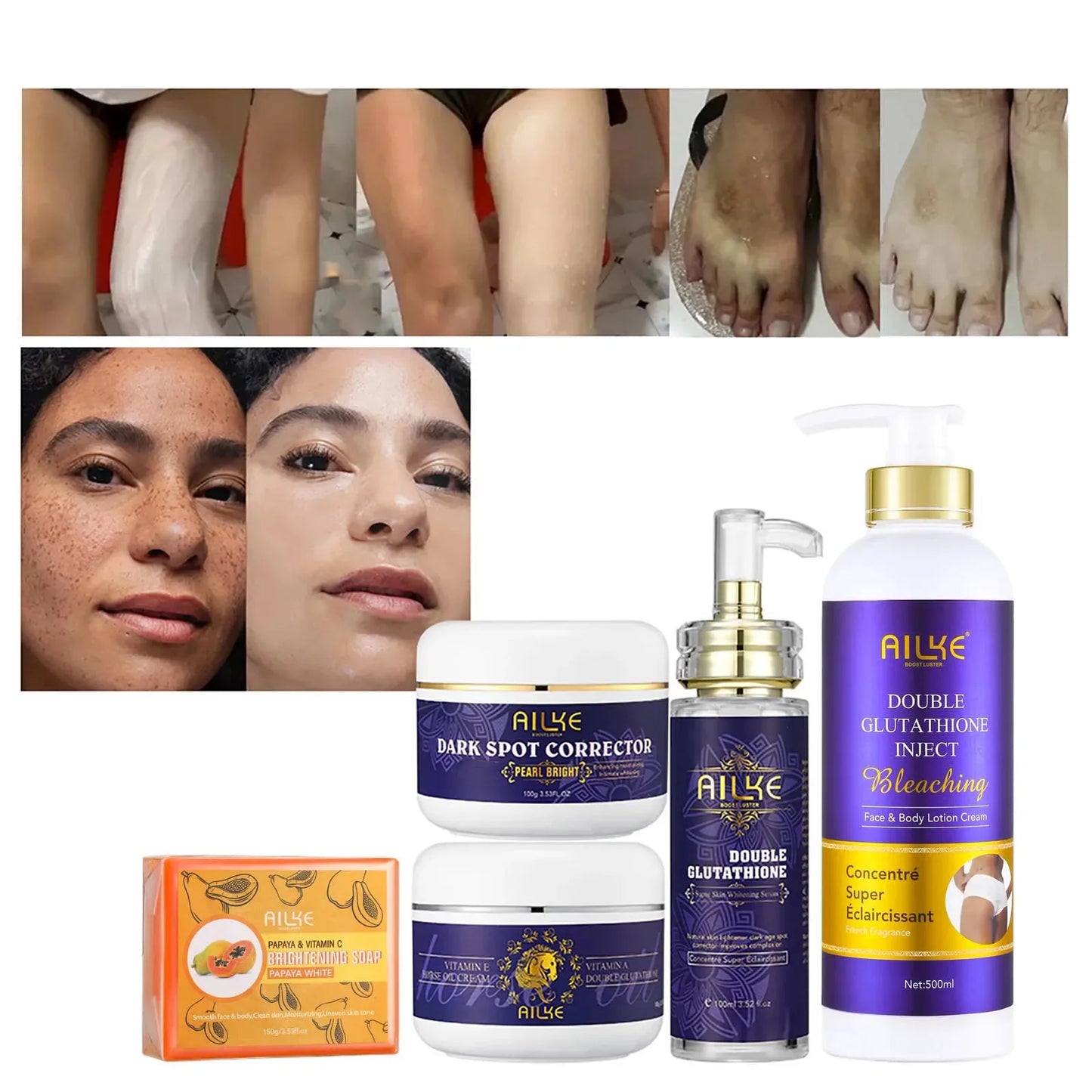 AILKE Skin Care Range Double-Glutathione, Whitening Serum, Dark Spot Face Cream, Glowing Soap, Women Lightening Beauty Cosmetics