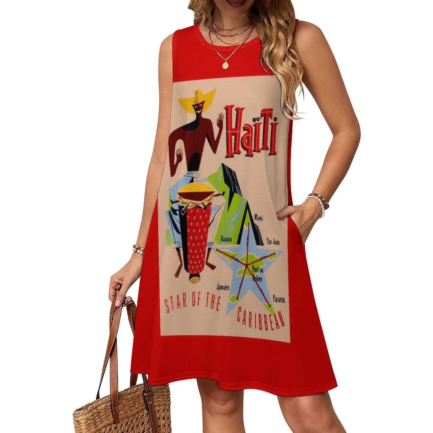 Haiti : Vintage Star Of The Caribbean Rare Advertising Bohemian Sleeveless Dress For Women Print Beach Party Dresses Haiti Star