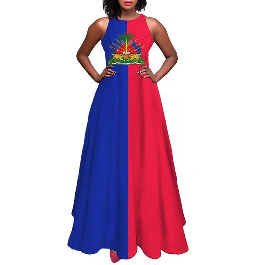 Women Maxi Long Dress Haiti Flag Print Summer Sleeveless Sundress Sexy Girl Party High Waist Ankle Length Woman Dresses Vestidos