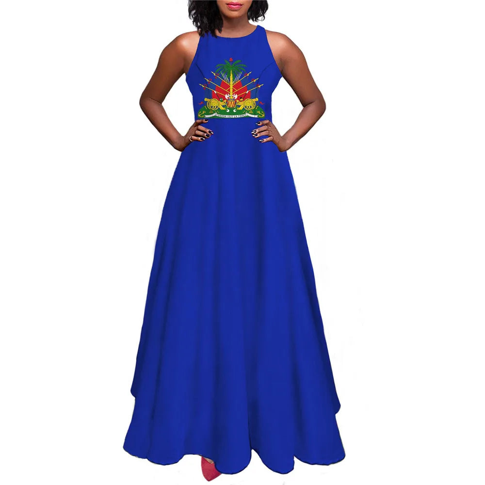 Women Maxi Long Dress Haiti Flag Print Summer Sleeveless Sundress Sexy Girl Party High Waist Ankle Length Woman Dresses Vestidos