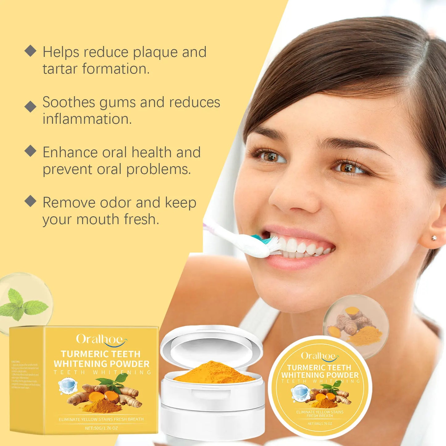 Oralhoe 50g Turmeric Teeth Cleaning Powder Remove Stain Tartar Brighten Yellow Teeth Fresh Breath Teeth Whitening Toothpaste