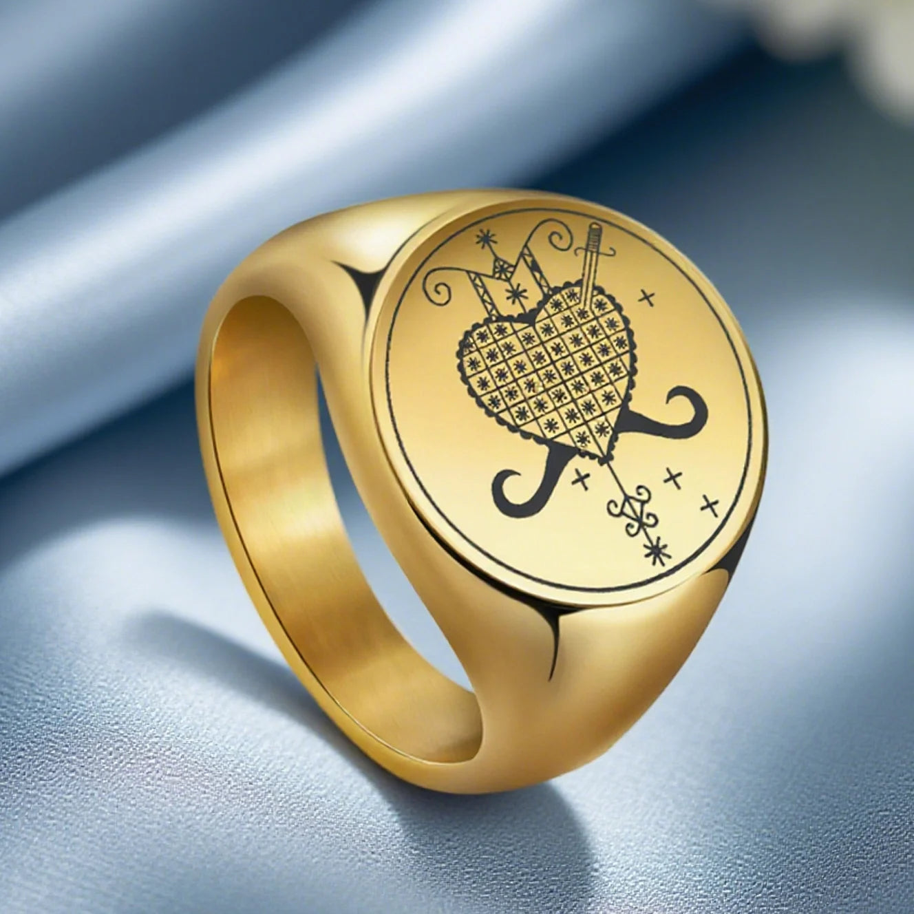 Dawapara Erzulie Dantor Veve Ring Voodoo Symbol Haitian Vodou Motherhood Protection Talisman Stainless Steel Jewelry
