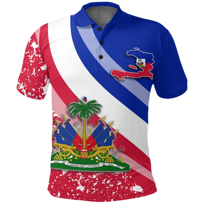 Haiti Flag Polo Shirts For Men Women Summer 3d Print Haitian Map Emblem Tops Casual Street Trendy Wear Oversized Button Polo