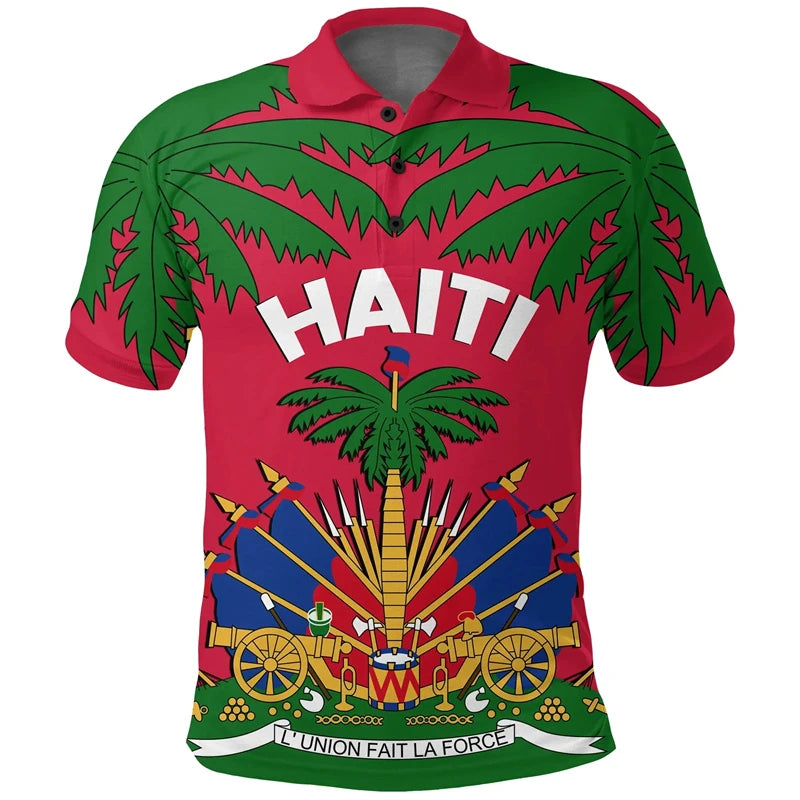 Haiti Flag Polo Shirts For Men Women Summer 3d Print Haitian Map Emblem Tops Casual Street Trendy Wear Oversized Button Polo