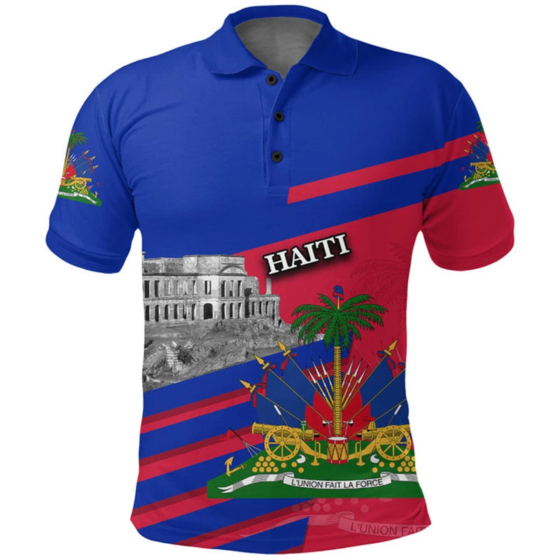 Haiti Flag Polo Shirts For Men Women Summer 3d Print Haitian Map Emblem Tops Casual Street Trendy Wear Oversized Button Polo