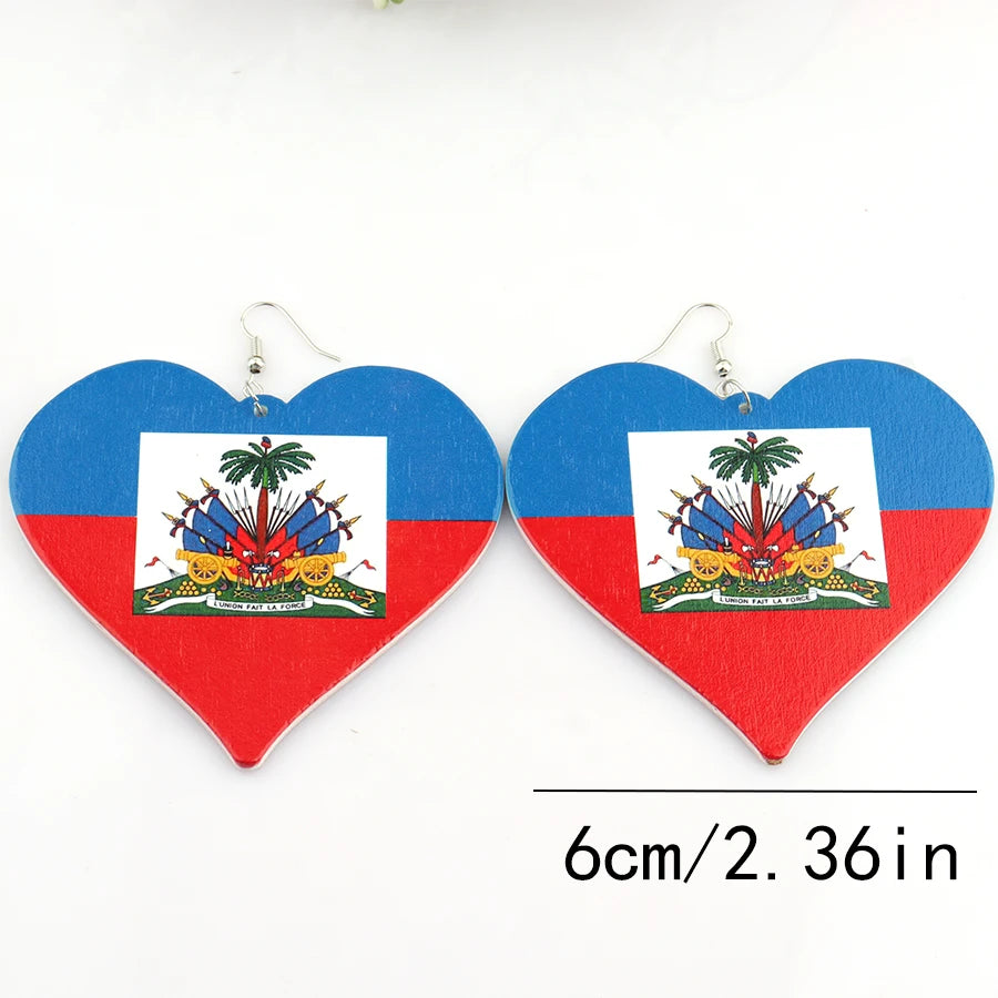 Printing 6cm Haiti Flag Heart Wooden earrings