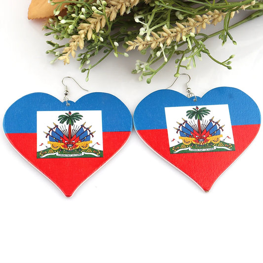 Printing 6cm Haiti Flag Heart Wooden earrings