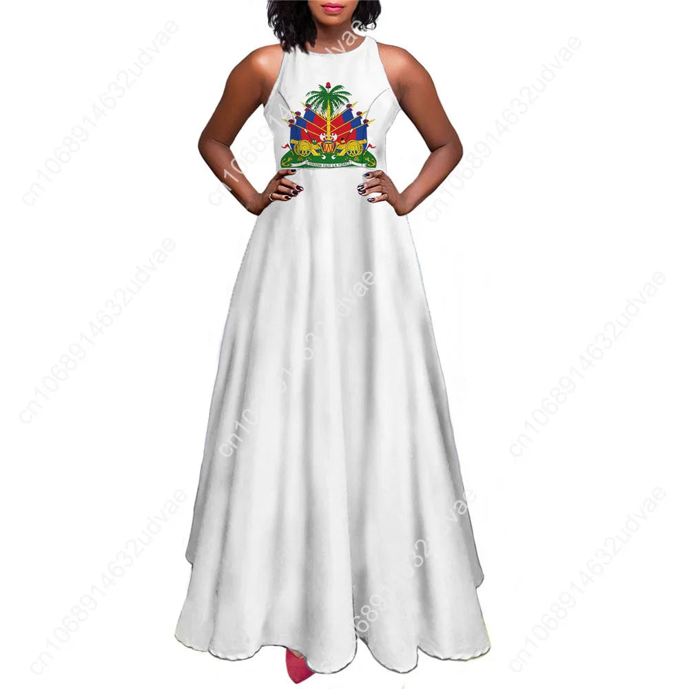 Vestido largo con estampado de la bandera de Haiti para mujer, maxivestido de verano sin mangas, Sexy, largo hasta el tobillo, c