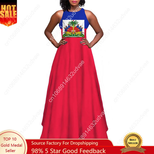 Vestido largo con estampado de la bandera de Haiti para mujer, maxivestido de verano sin mangas, Sexy, largo hasta el tobillo, c