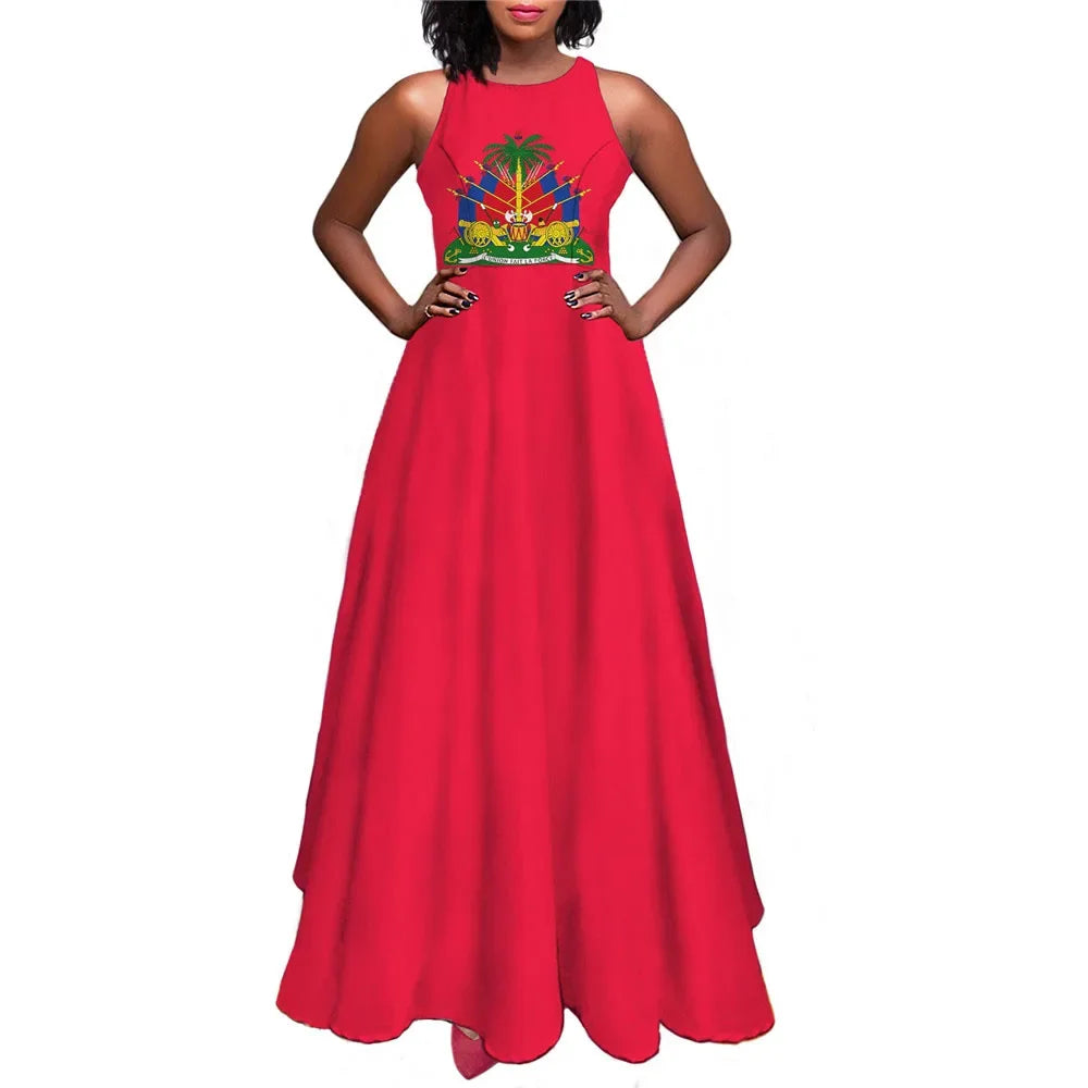 Vestido largo con estampado de la bandera de Haiti para mujer, maxivestido de verano sin mangas, Sexy, largo hasta el tobillo, c
