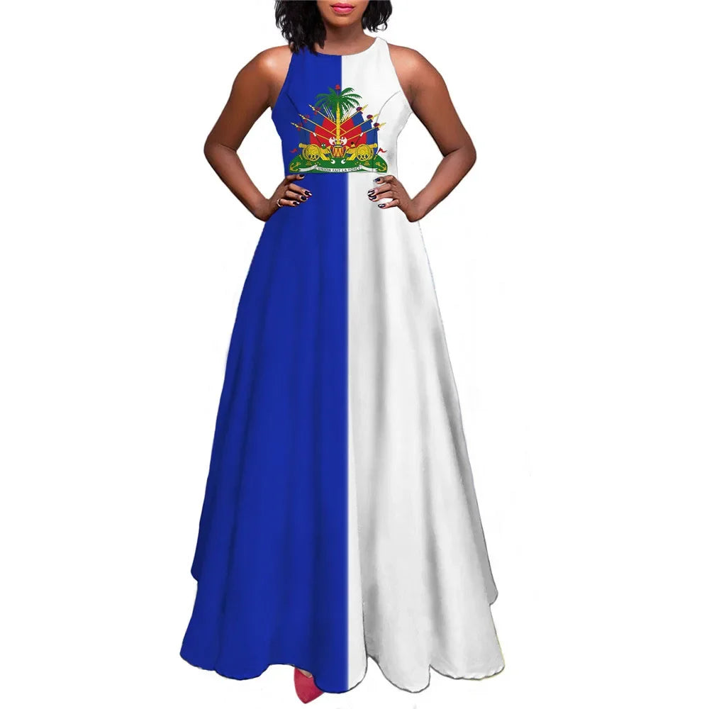 Vestido largo con estampado de la bandera de Haiti para mujer, maxivestido de verano sin mangas, Sexy, largo hasta el tobillo, c