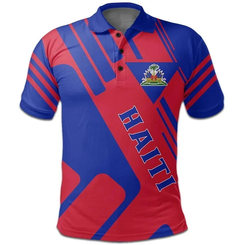 Haiti Flag Polo Shirts For Men Women Summer 3d Print Haitian Map Emblem Tops Casual Street Trendy Wear Oversized Button Polo