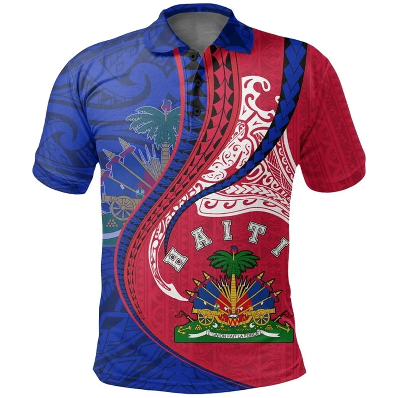 Haiti Flag Polo Shirts For Men Women Summer 3d Print Haitian Map Emblem Tops Casual Street Trendy Wear Oversized Button Polo