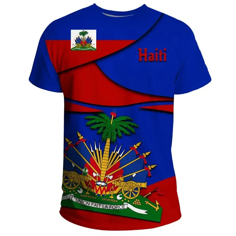 3D Print Haiti Emblem Pattern T Shirt For Men Caribbean Island Haitian Flag Print T-Shirts Casual O-neck Short Sleeve Tees  Tops