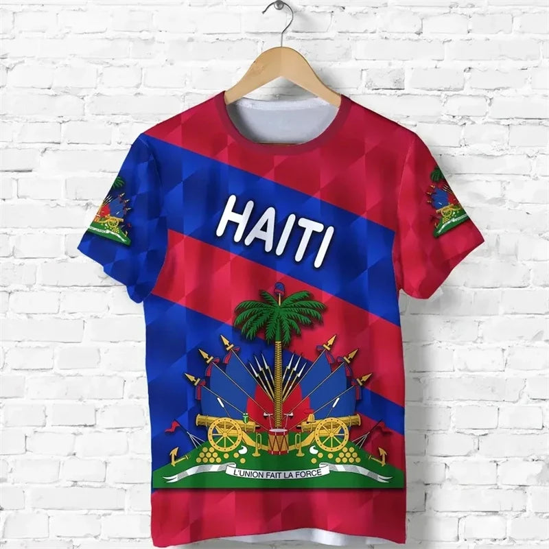 3D Print Haiti Emblem Pattern T Shirt For Men Caribbean Island Haitian Flag Print T-Shirts Casual O-neck Short Sleeve Tees  Tops