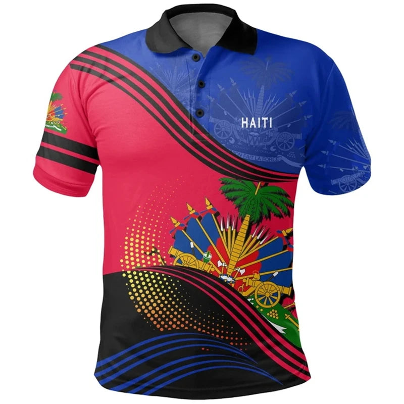 Haiti Flag Polo Shirts For Men Women Summer 3d Print Haitian Map Emblem Tops Casual Street Trendy Wear Oversized Button Polo