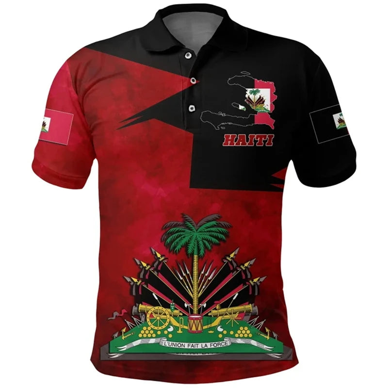 Haiti Flag Polo Shirts For Men Women Summer 3d Print Haitian Map Emblem Tops Casual Street Trendy Wear Oversized Button Polo
