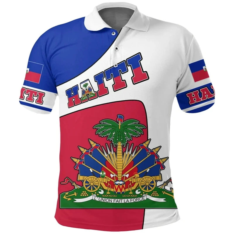 Haiti Flag Polo Shirts For Men Women Summer 3d Print Haitian Map Emblem Tops Casual Street Trendy Wear Oversized Button Polo