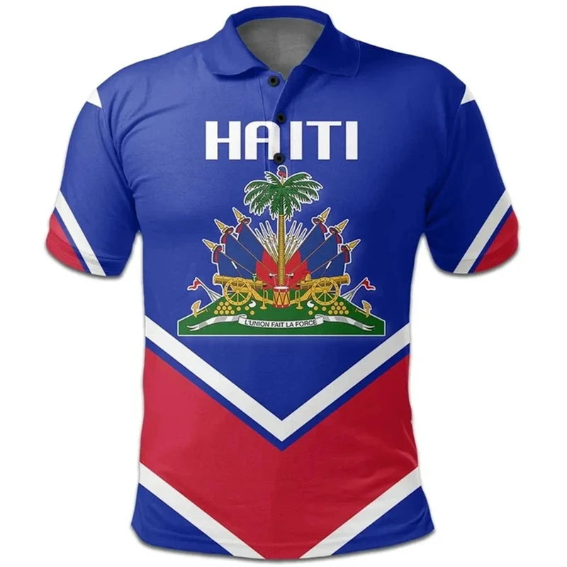 Haiti Flag Polo Shirts For Men Women Summer 3d Print Haitian Map Emblem Tops Casual Street Trendy Wear Oversized Button Polo