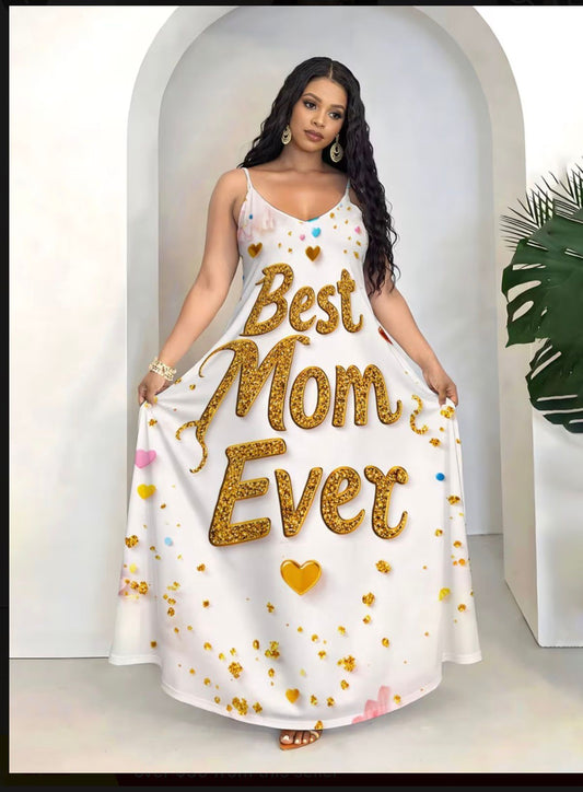 Happy Mother’s Day “Best Mom Ever” Glitter Heart Dress – V-Neck Sleeveless A-Line Suspender Maxi Dress