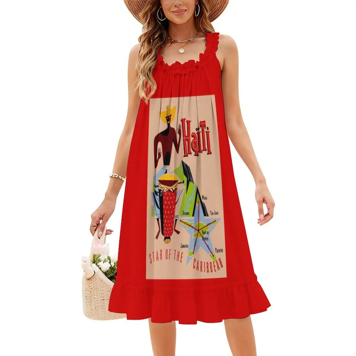 Haiti : Vintage Star Of The Caribbean Rare Advertising Bohemian Sleeveless Dress For Women Print Beach Party Dresses Haiti Star