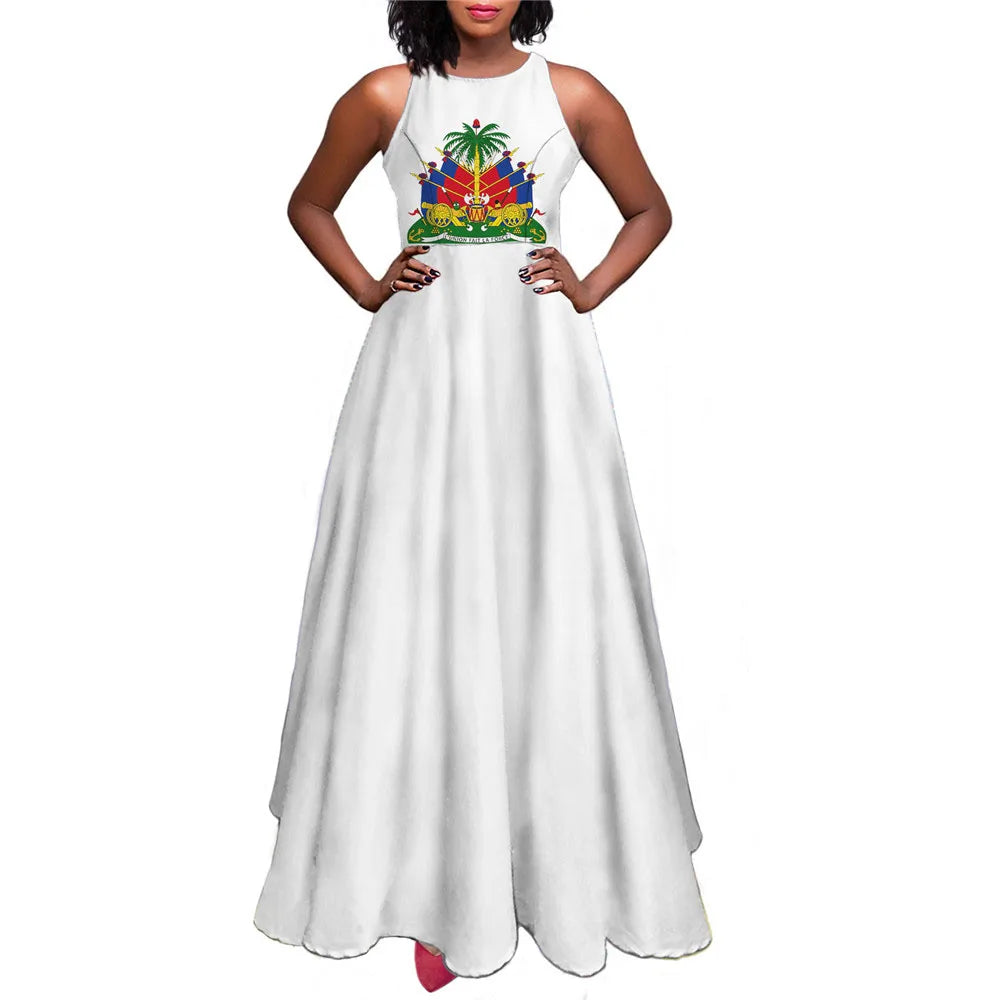 Women Maxi Long Dress Haiti Flag Print Summer Sleeveless Sundress Sexy Girl Party High Waist Ankle Length Woman Dresses Vestidos