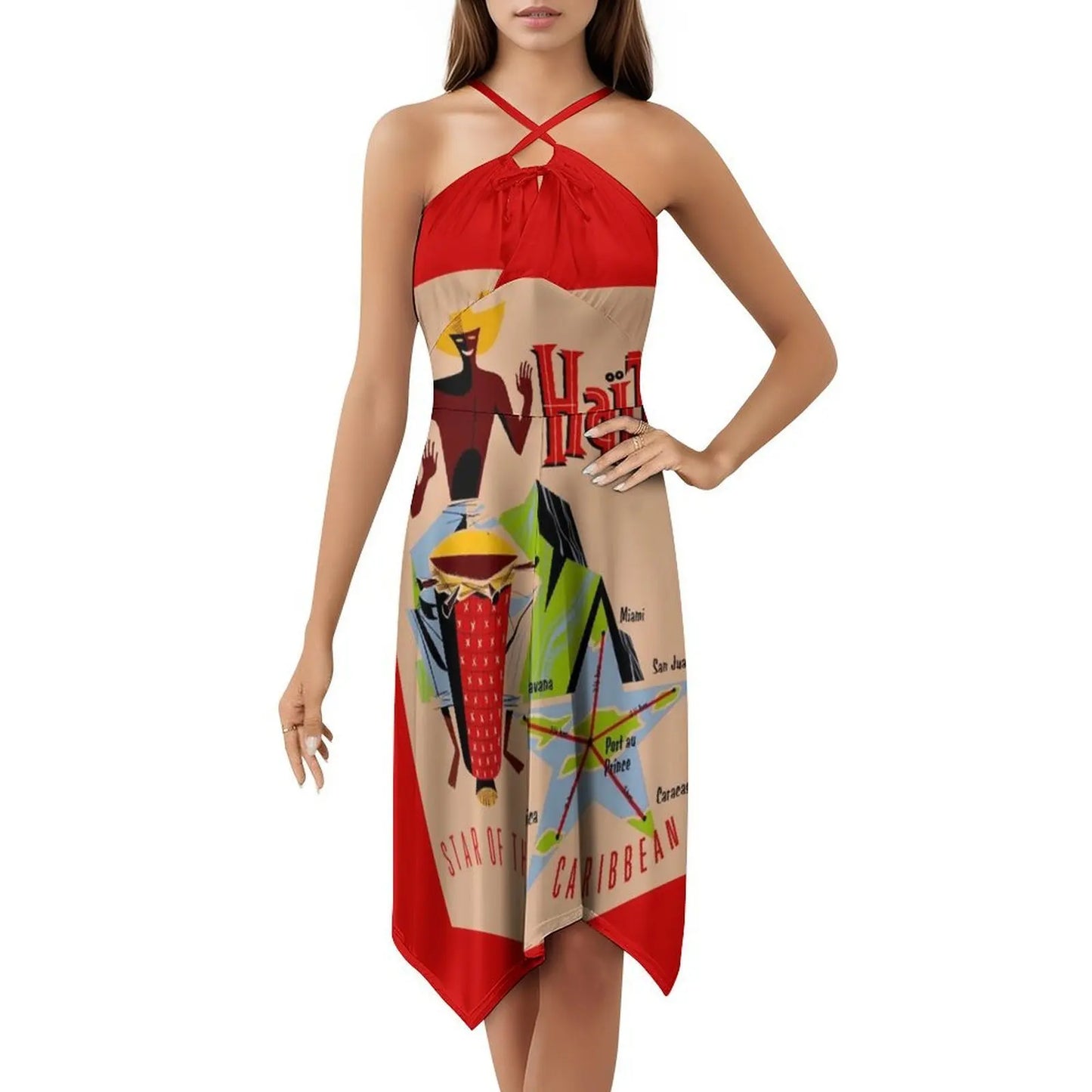 Haiti : Vintage Star Of The Caribbean Rare Advertising Bohemian Sleeveless Dress For Women Print Beach Party Dresses Haiti Star