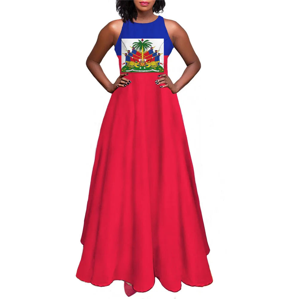 Women Maxi Long Dress Haiti Flag Print Summer Sleeveless Sundress Sexy Girl Party High Waist Ankle Length Woman Dresses Vestidos
