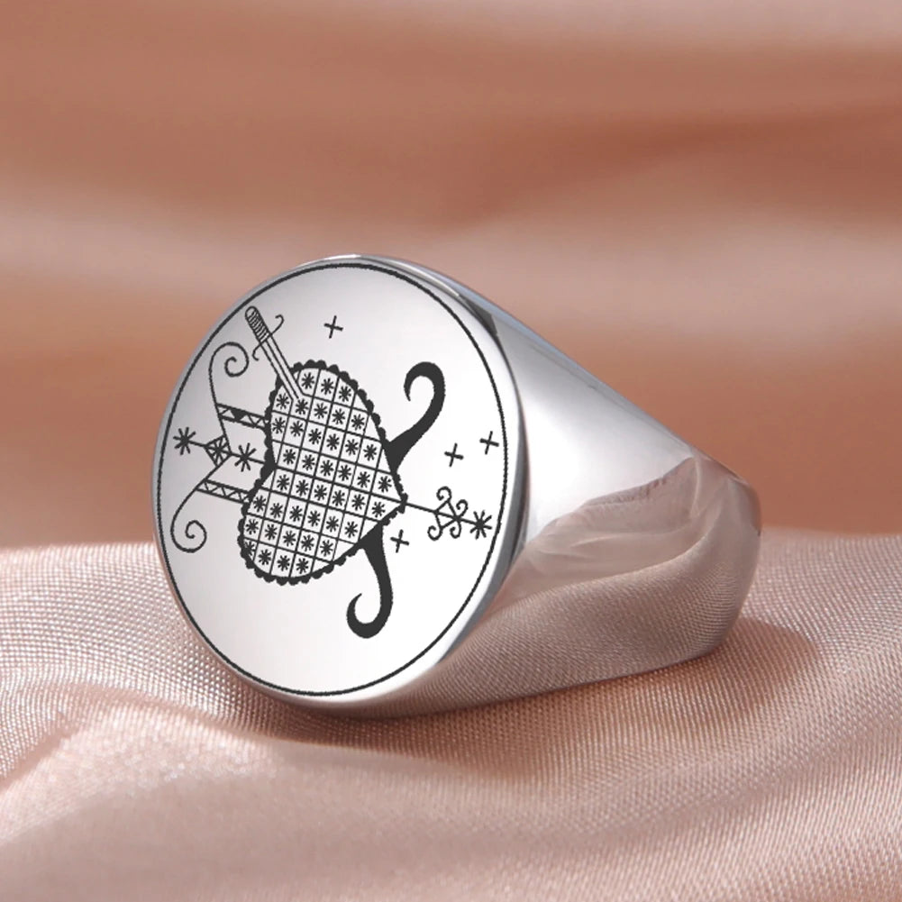 Dawapara Erzulie Dantor Veve Ring Voodoo Symbol Haitian Vodou Motherhood Protection Talisman Stainless Steel Jewelry