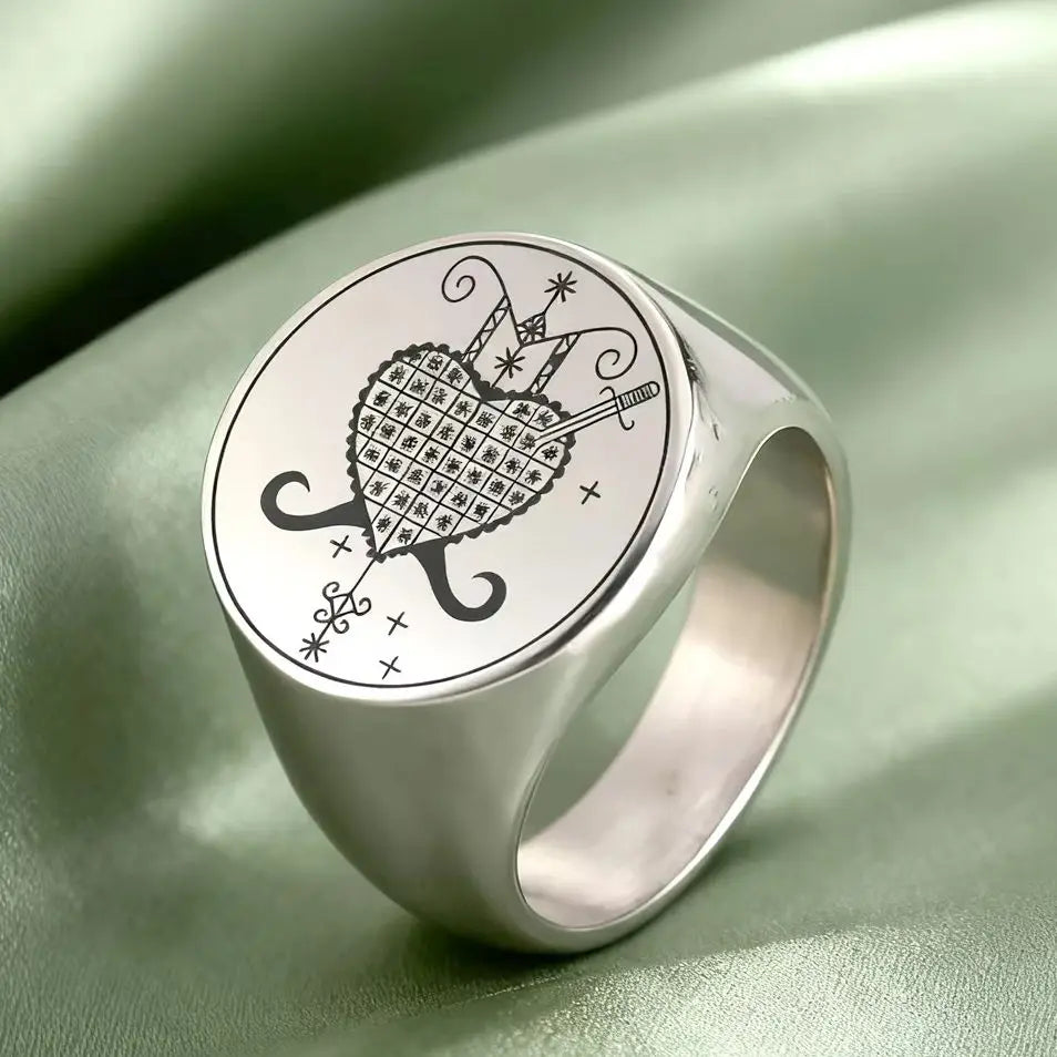 Dawapara Erzulie Dantor Veve Ring Voodoo Symbol Haitian Vodou Motherhood Protection Talisman Stainless Steel Jewelry