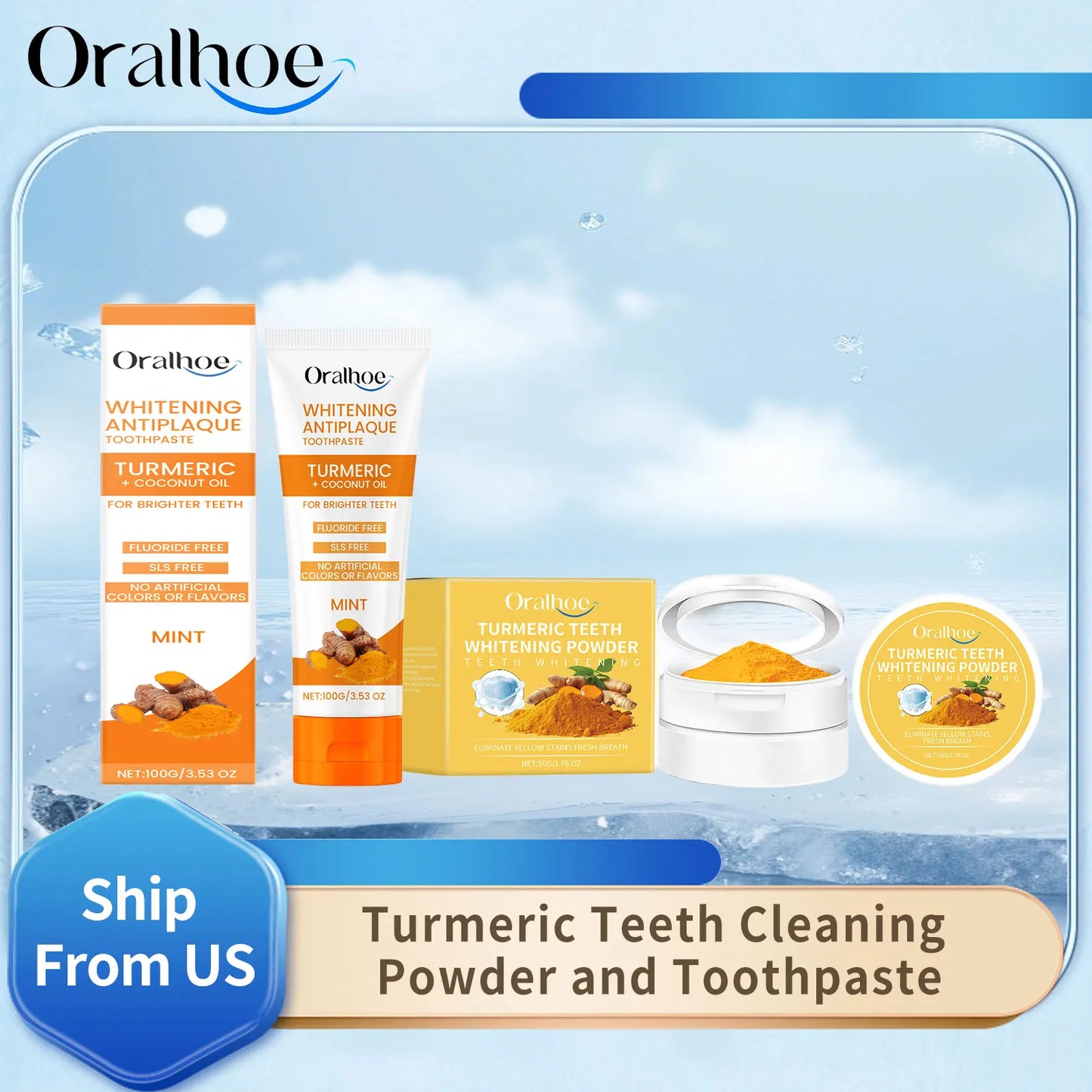 Oralhoe 50g Turmeric Teeth Cleaning Powder Remove Stain Tartar Brighten Yellow Teeth Fresh Breath Teeth Whitening Toothpaste
